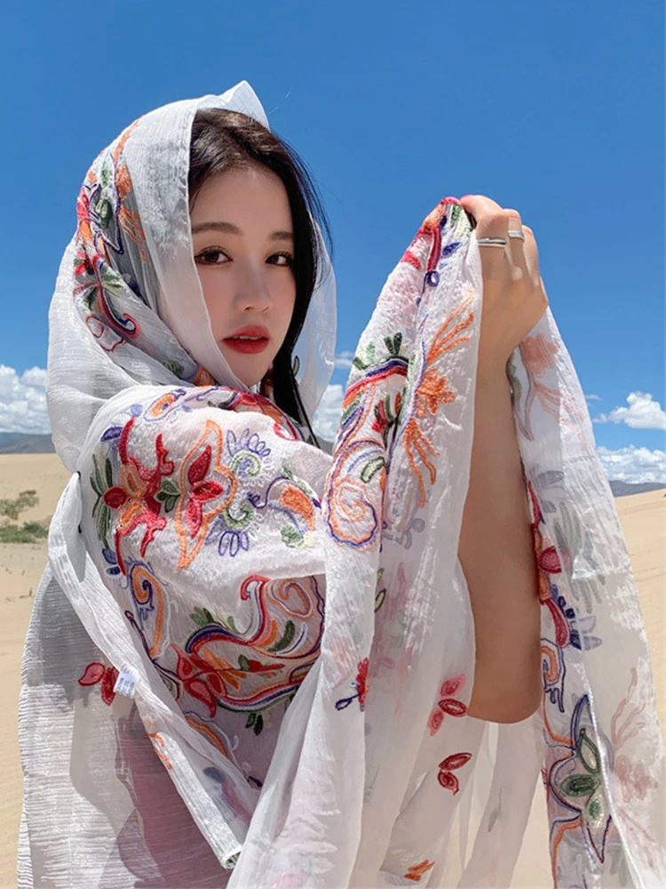 Summer Elegant Women Silk Scarf Beach Wrap Shawl Embroidered Floral Lady Sunscreen Bandana Hijab Mujer Bohemian Scarve Pareo 250430