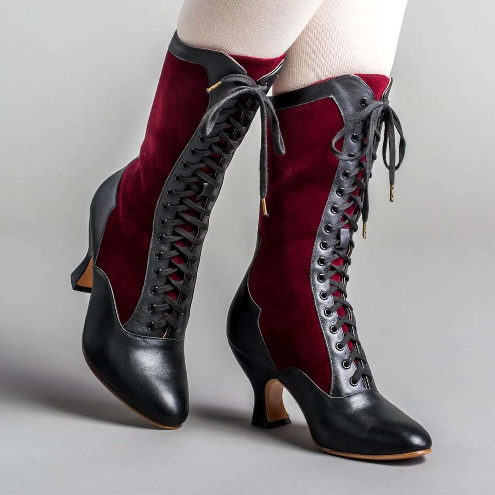 Vintage Block Heel Long Green Lace Up Women's Fashion Cute Cat Motif For Autumn Mid Calf Winter Boots