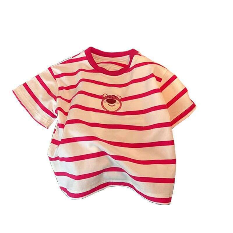 Girls' Summer T-Shirt, Short Sleeved Strawberry Bear Cartoon Embroidered Top, Children's Fashionable Loose Fitting Clothes