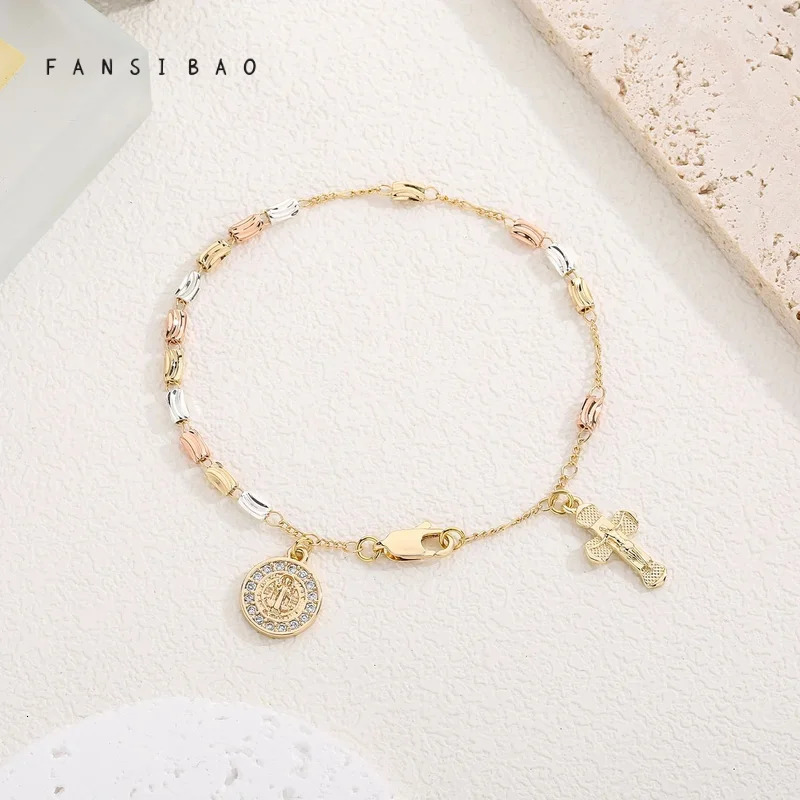 FanSibao Retro Style Virgin Mary Tricolor Prayer Bead Bracelet with Cross Element Womens Fashion Wrist Accessory 250428