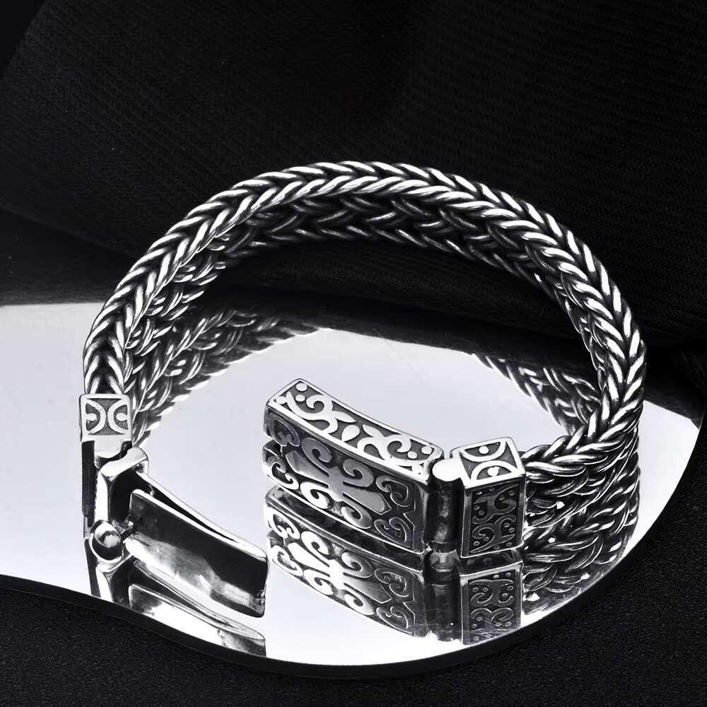 S925 Sterling Silver Wide Woven Bracelet Mens Vintage Large Buckle Pattern Punk Hip Hop Bracelet Jewelry