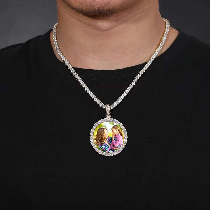 Memorial Picture Necklace Jewelry 42mm Real Gold Plated Brass AAAAA CZ Diamond Round Custom Photo Pendant With Chain