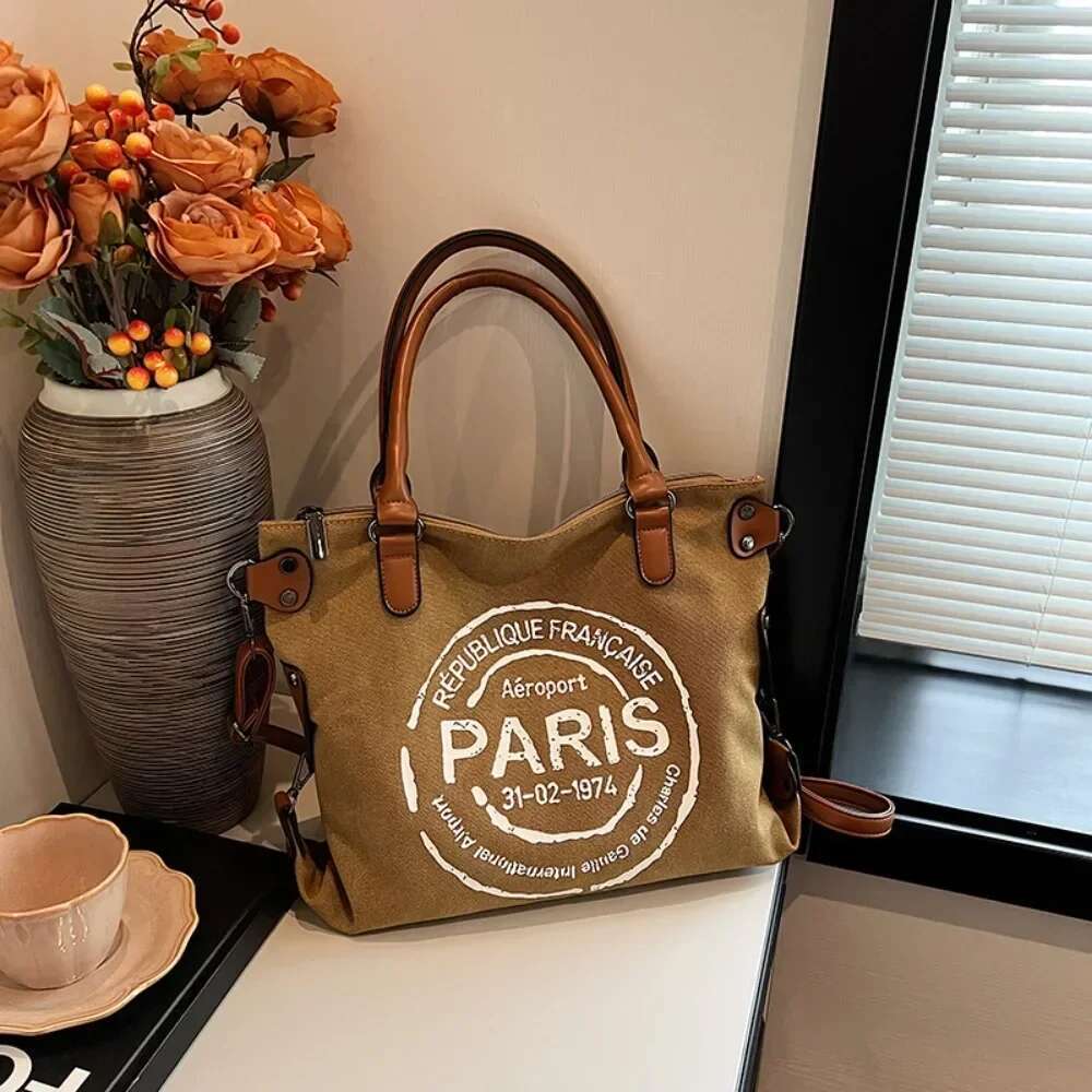 Large Retro Canvas Tote Adjustable Shoulder Strap Vintage Paris Stamp Print Stylish Crossbody Bag For Women Bag