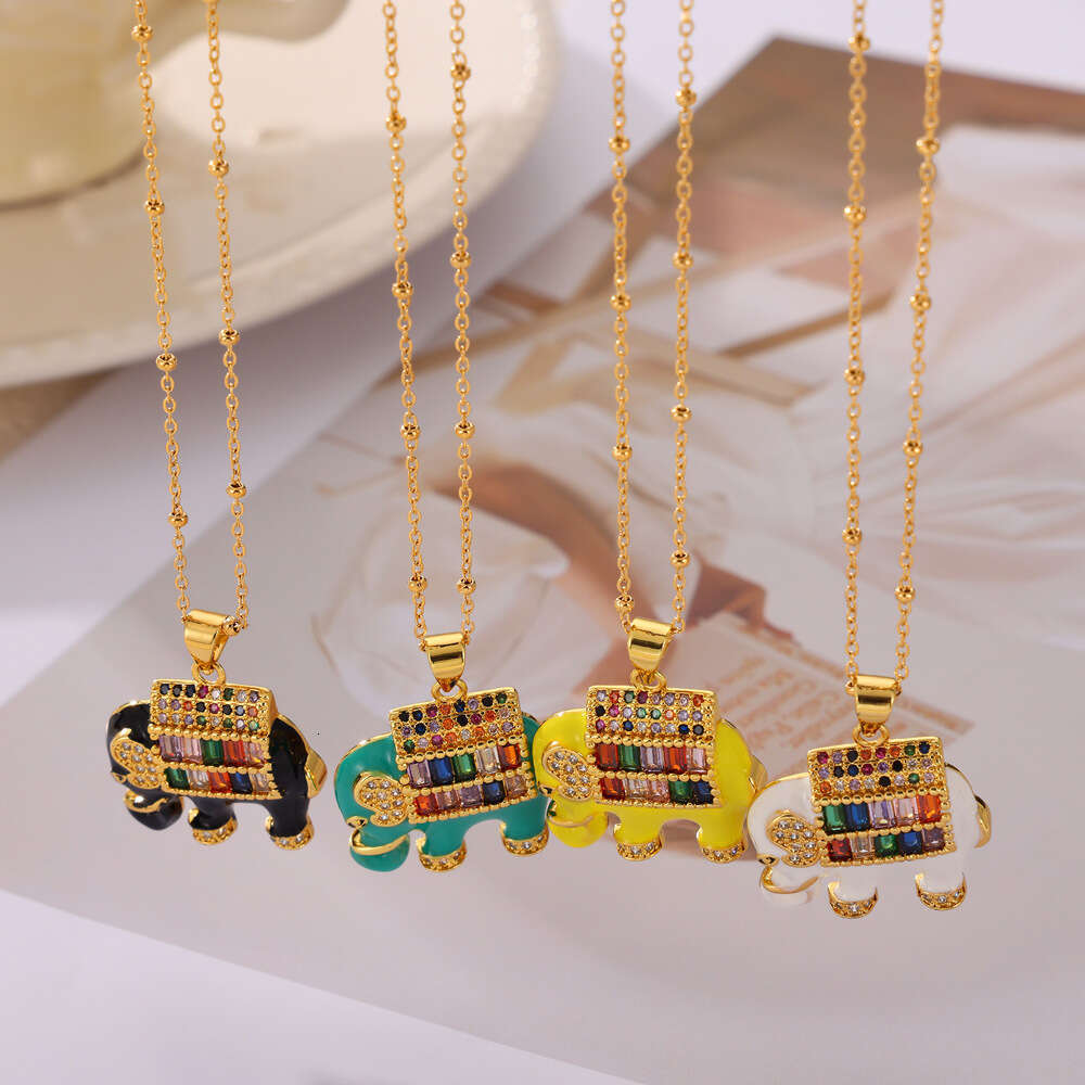 Ins Style Personalized Bead Chain Jewelry With Drip Oil Inlaid Dia Elephant Design, Copper Material Pendant, Titanium Steel Necklace