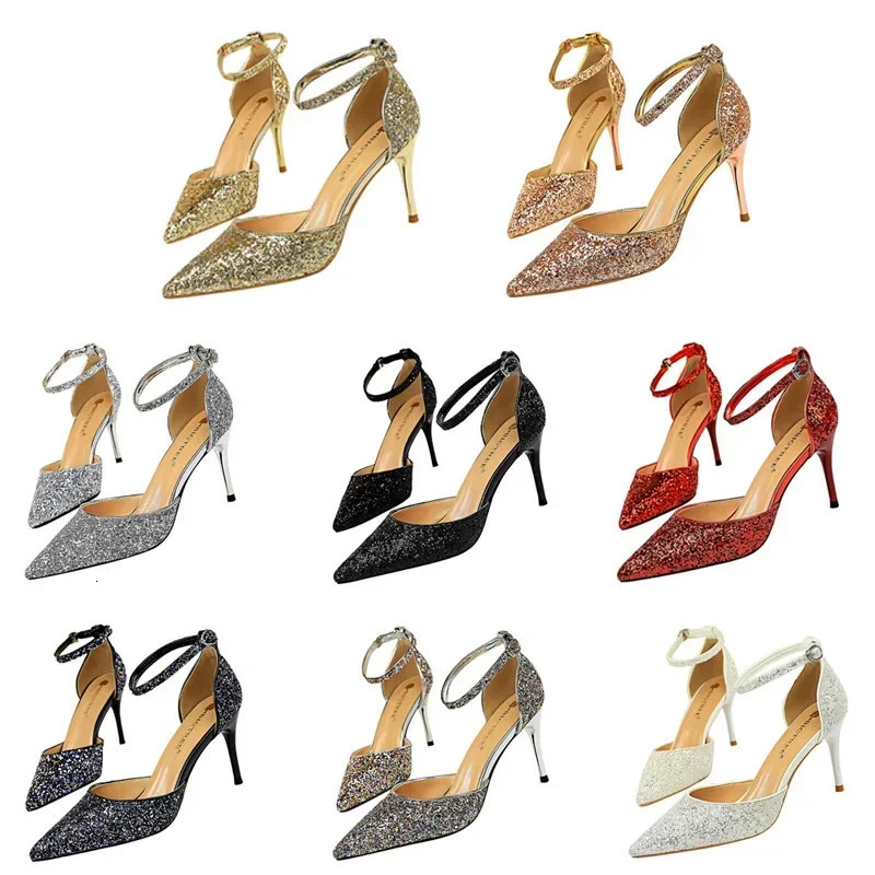 Women Sparkly Summer Mid Kitten Heels Sequins Sandals Lady 7.5cm 9.5cm High Heels Glitter Classic Ankle Strap Banquet Sandles 250428