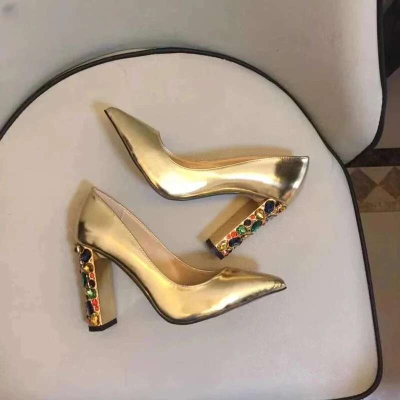 Brand Designer Rhinestone Pointed Toe Thick Heel Sandals Gold High Heels Sexy Casual Shoes Women