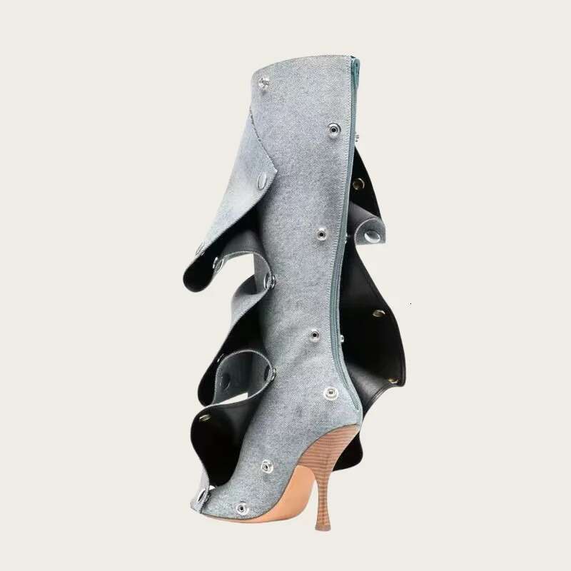 New Designer Knee Fashionable Pointed Toe Thin High Heels Wide leg Pleated Snap on Shoes Lazy Mid Calf Boots