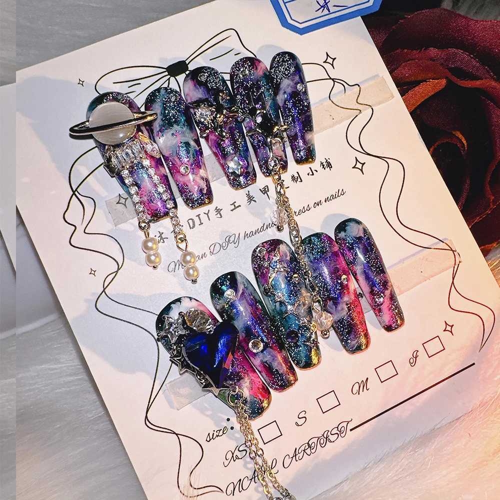 10P high-quality manual pressing nail cosmic star curve constellation feeling dark explosion flashing nail art real shooting hot girl H25429