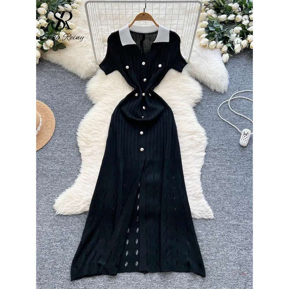 SINGREINY Senior Workwear Knitting 2025 Women Polo Collar Buttons Design Sundress Vintage Fashion Solid Split Long Dress