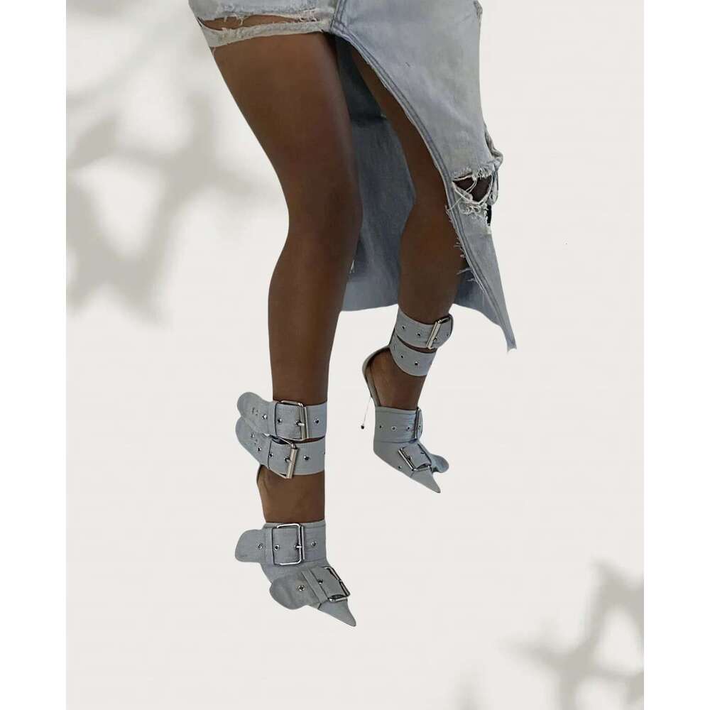 Fashion Pointed High Heels Rivet Buckle Strap Sandals Metal Cutout Boots Sexy Punk Brand Designer Women Shoes