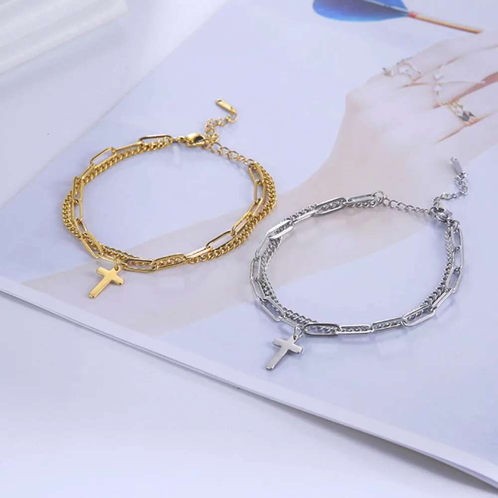 Women's Cross Pendant Bracelet Stainless Steel Double Layer Bracelets For Men Women Birthday Gifts
