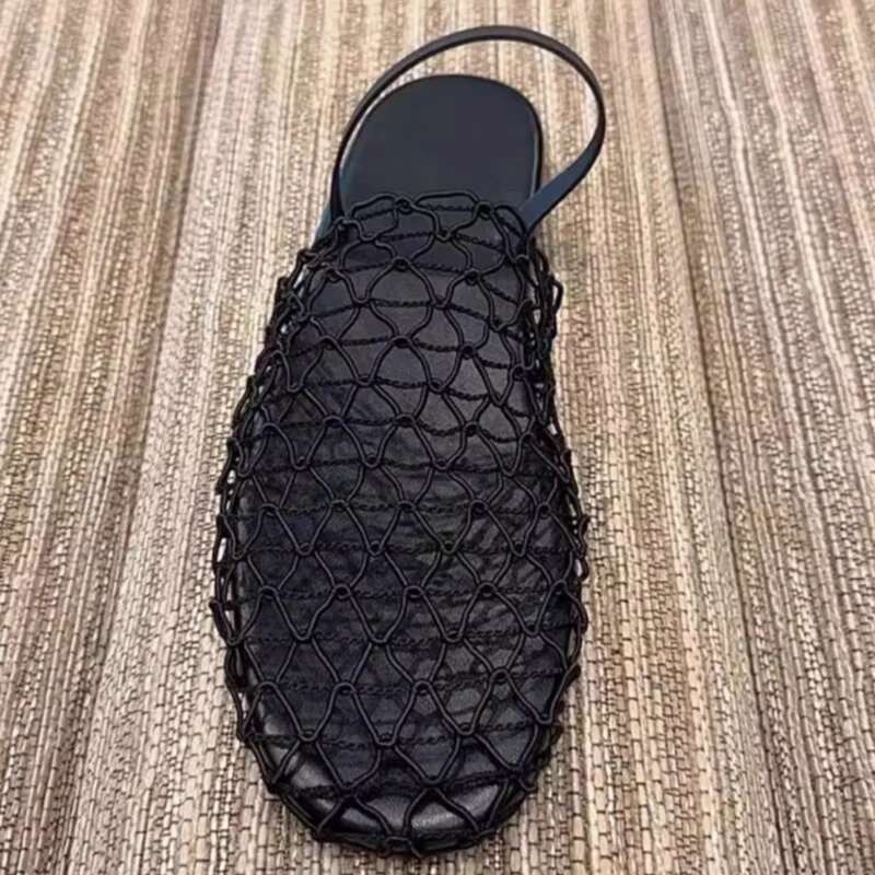 High Quality Flat Women Braided Mesh Hollow Out Mules Shoes Round Toe Casual Slides Holidays Beach Sandals Woman