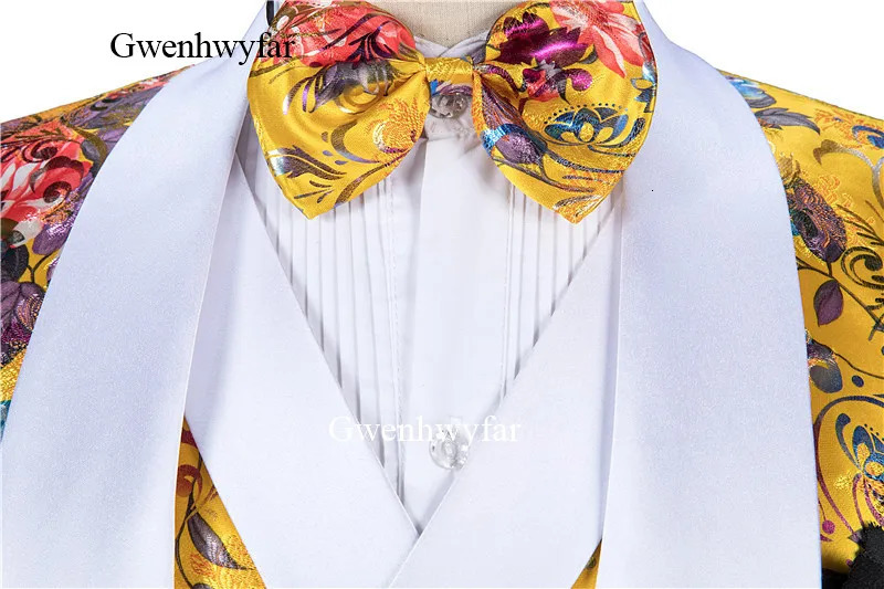Gwenhwyfar mens double chest vest tailcoat customized floral jacquard gold suit wedding party costume 3piece set 250428