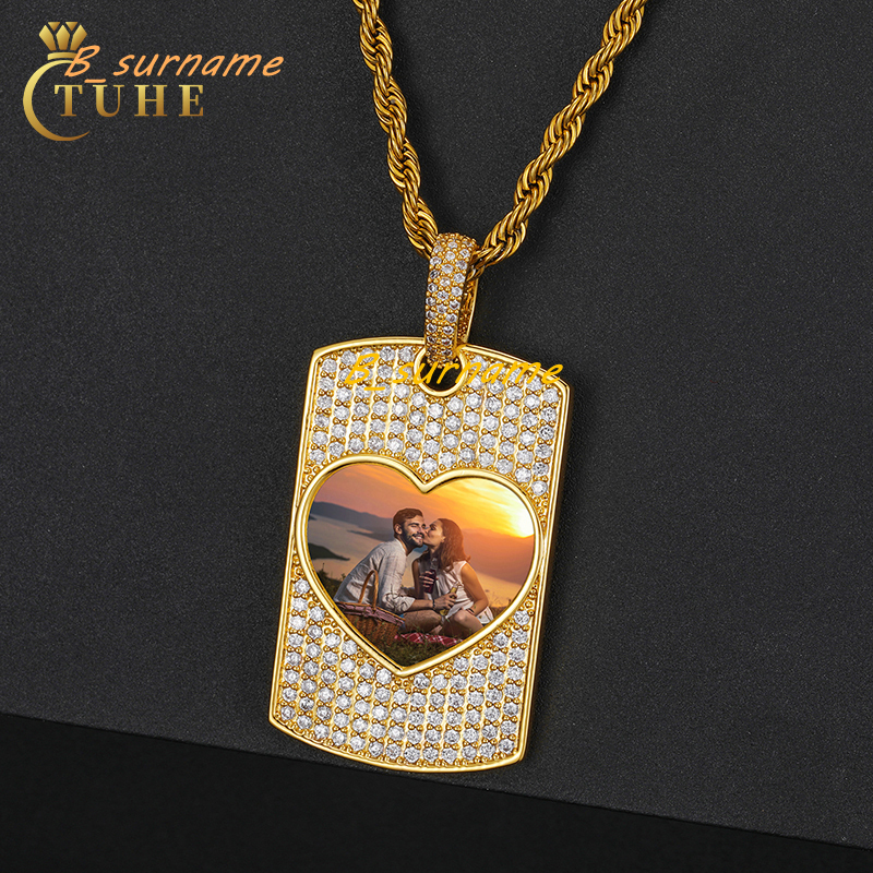 Bling Laser Engrave Name Brass 5A Zircon Iced Out Heart Shape Photo Pendant Memory Frame Picture Necklace