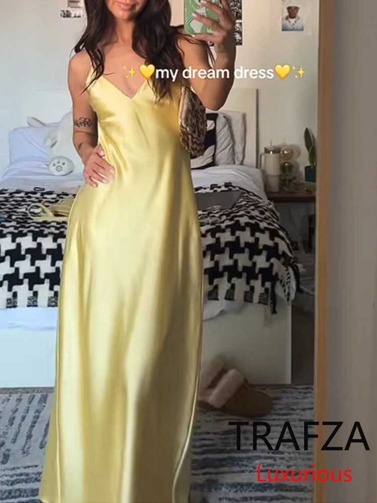 TRAFZA sexy yellow satin long summer party dress womens V-neck backless Cami straight dress fashion 2025 summer holiday dress W250430