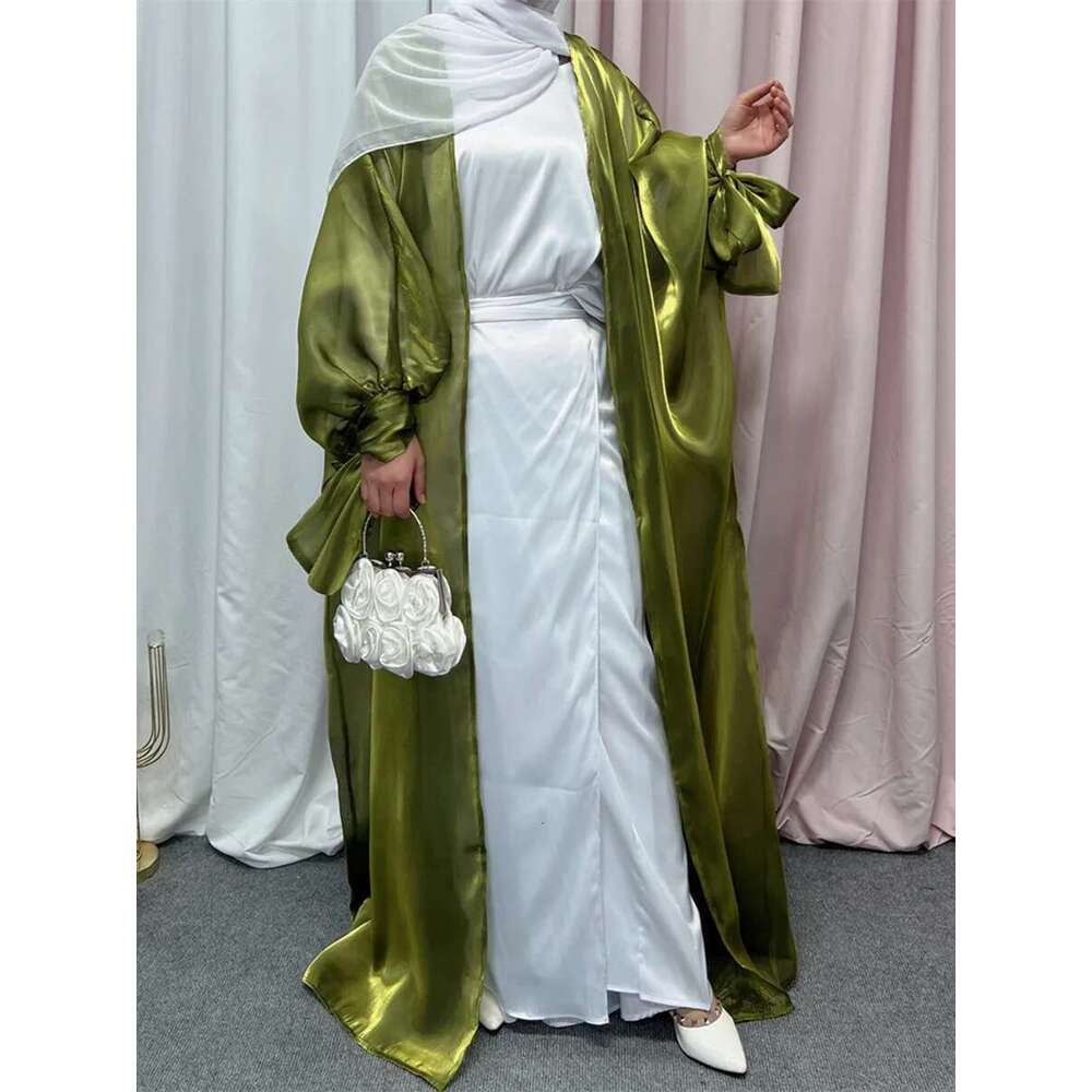 Summer Eid Djellaba Shiny Soft Puff Sleeves Silky Abaya Dubai Turkey Muslim Dress Islam Abayas Wy800