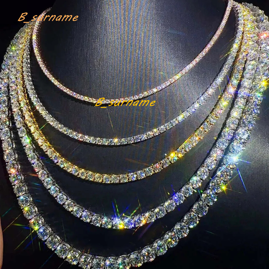 Luxury VVS D Moissanite Tennis Chain Hip Hop 925 Silver 3mm 4mm 5mm Tennis Bracelet Necklace Fashion Gold and White Jewelry