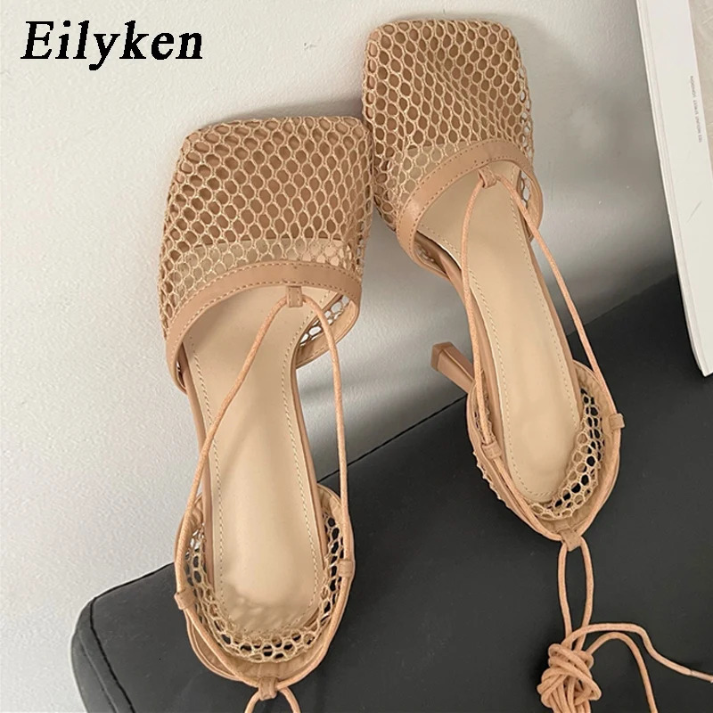 Eilyken Fashion Hollow Breathable Mesh Square Toe Stiletto High Heels Women Pumps Ankle Lace-Up Elegant Dress Ladies Shoes 250428