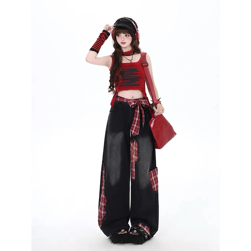 Female Trendy Jeans Grunge Japanese Harajuku Y2K Bagged Denim Pants Netpunk Hip pop 2000s Aesthetic Plain Patchwork Trouser Tomboy 250423
