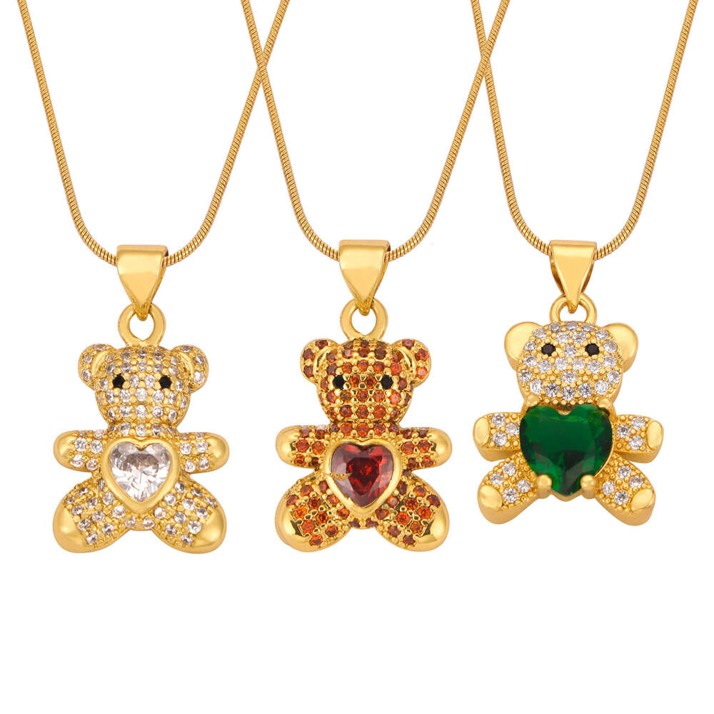 Version Of Korean Style New Fashionable, Light , Simple And Personalized Copper Material With Inlaid Teddy Bear Glass Dia Pendant Necklace Jewelry