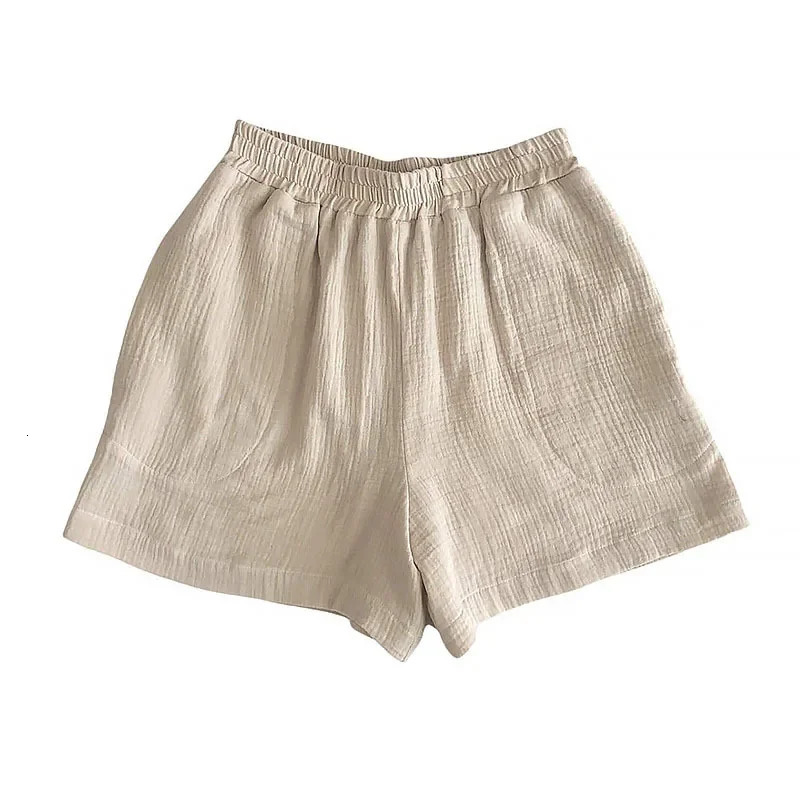 Leisure 100% cotton high-z fine grain womens summer shorts elastic high waist wide leg sports beach shorts with pockets 250427