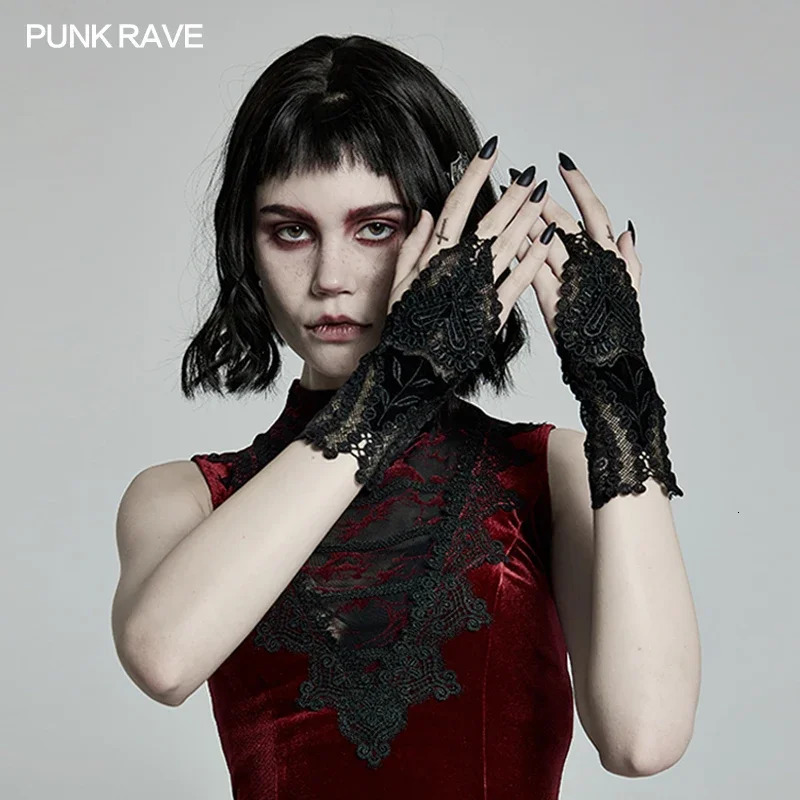 PUNK RAVE Womens Gothic Gorgeous Lace Flower Type Gloves Love Decal Party Club Elegant Women Black Accessories 250420