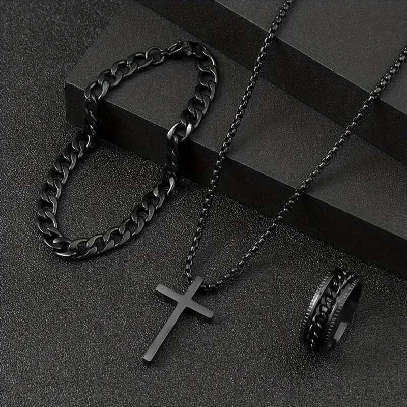 Hip Hop Fashion Cross Pendant Necklace Bracelet Chain Ring Men's Set Simple Personality Party Three Piece Jewelry Accessories