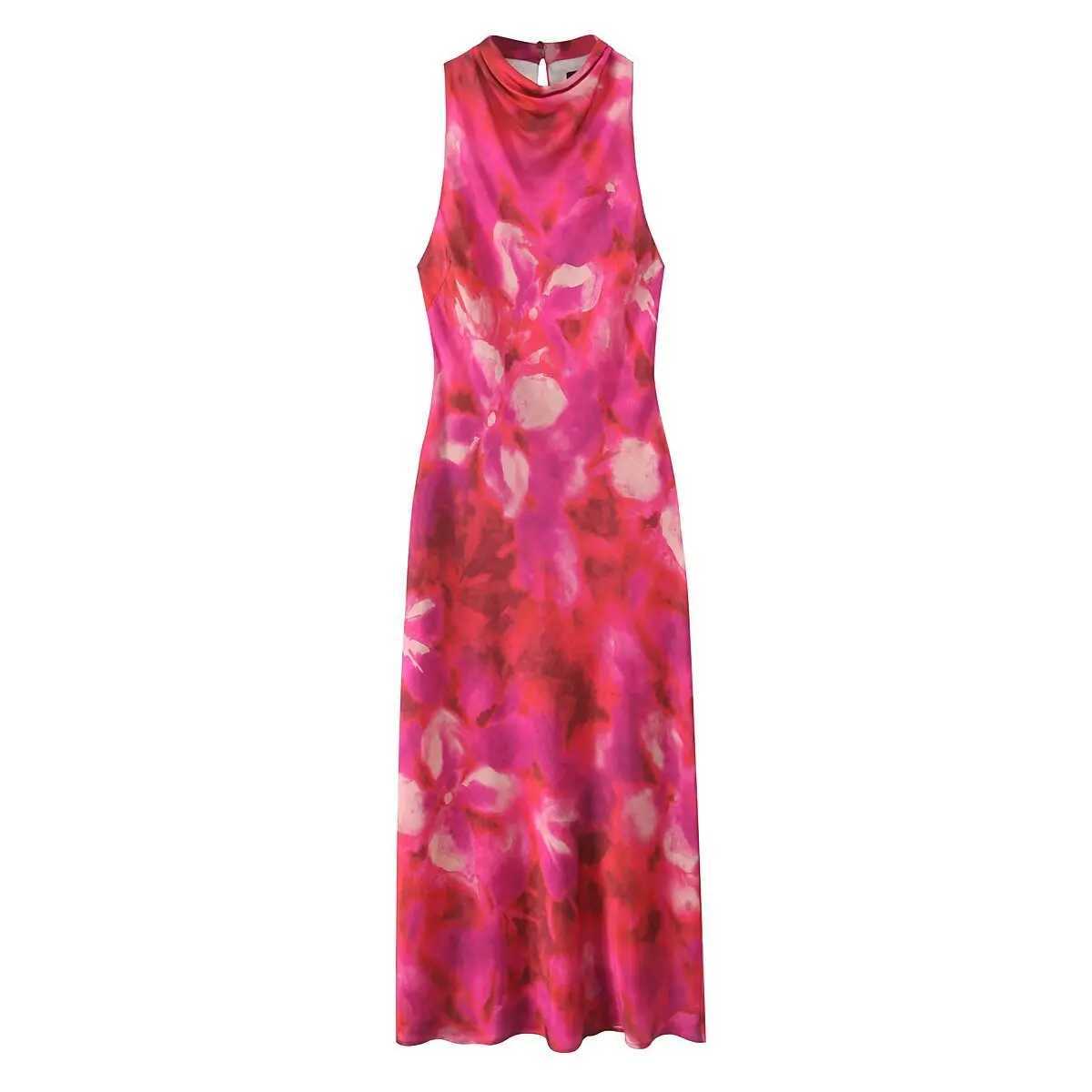 ZBZA womens printed satin effect Midi Skirt round neck sleeveless slim fit hem dress for spring and summer new casual chic long skirt W250430