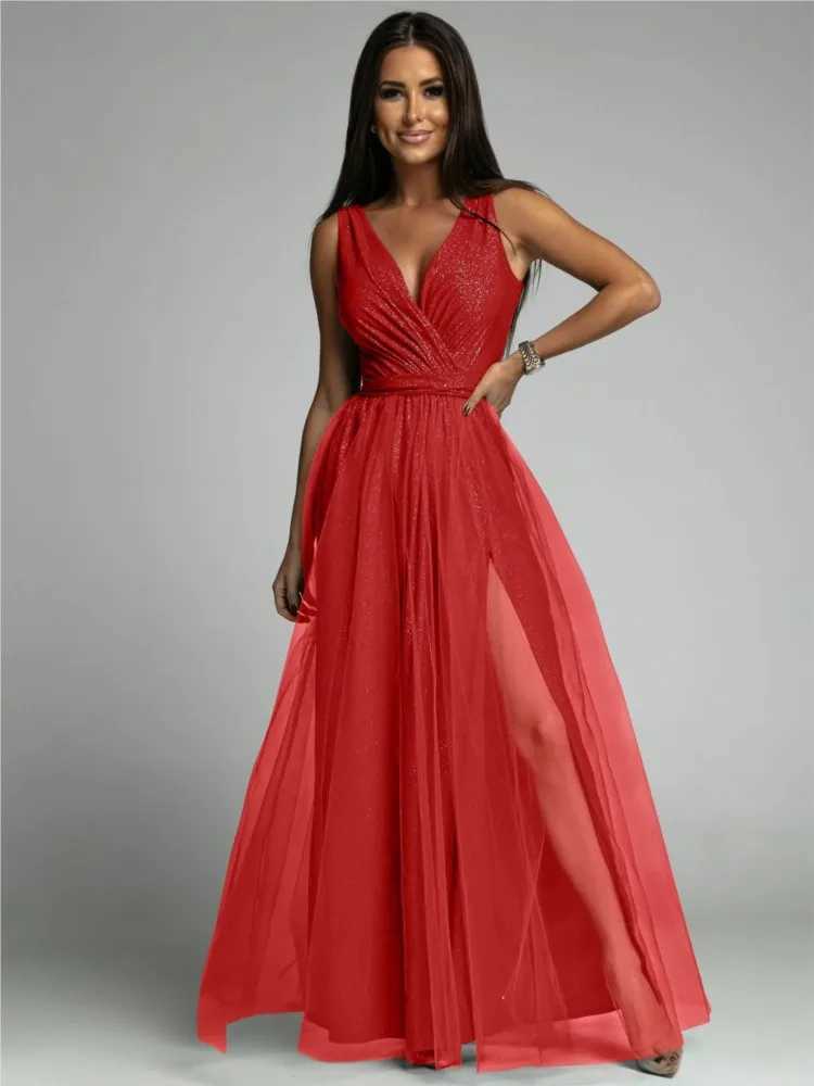 Elegant solid color sparkling party dress womens warm V-neck lace mesh seam long dress evening dress womens vest W250430