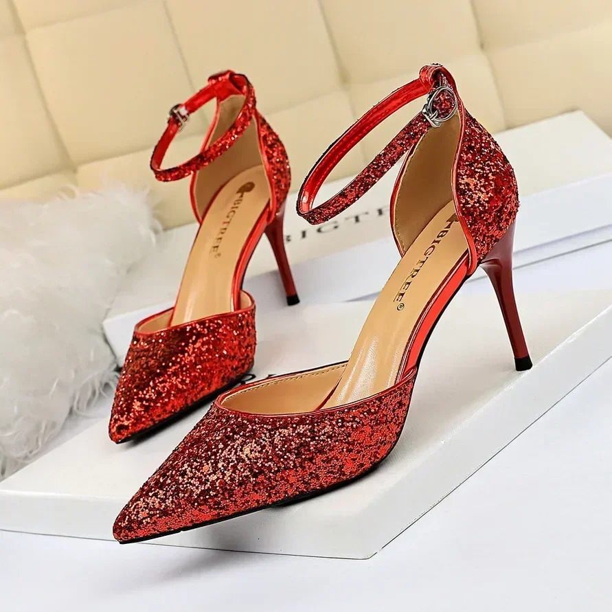 Women Sparkly Summer Mid Kitten Heels Sequins Sandals Lady 7.5cm 9.5cm High Heels Glitter Classic Ankle Strap Banquet Sandles 250428