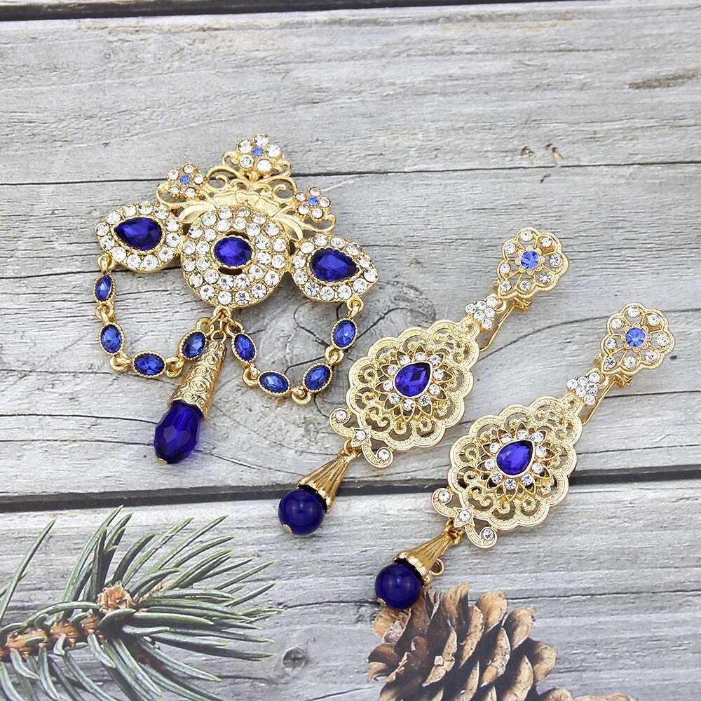 Neovisson Fashion Style Moroccan Brooch Earring Set For Delicate Women Gold Color Pink Blue Crystal Arabi Shining Bridal Gift
