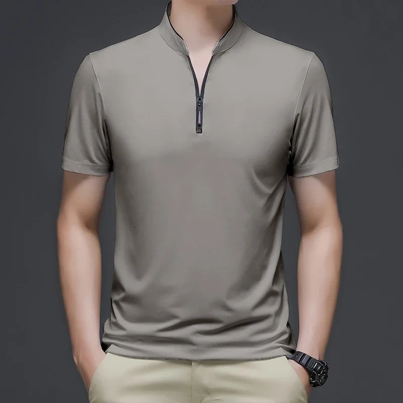 mens casual fashion solid color short sleeved polo shirt stand up collar version comfortable top 250428