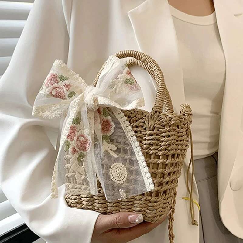 Floral Embroidery Bow Decor Straw Woven Hollow Shoulder Bucket Holiday Beach Summer Crossbody Bag Handbag