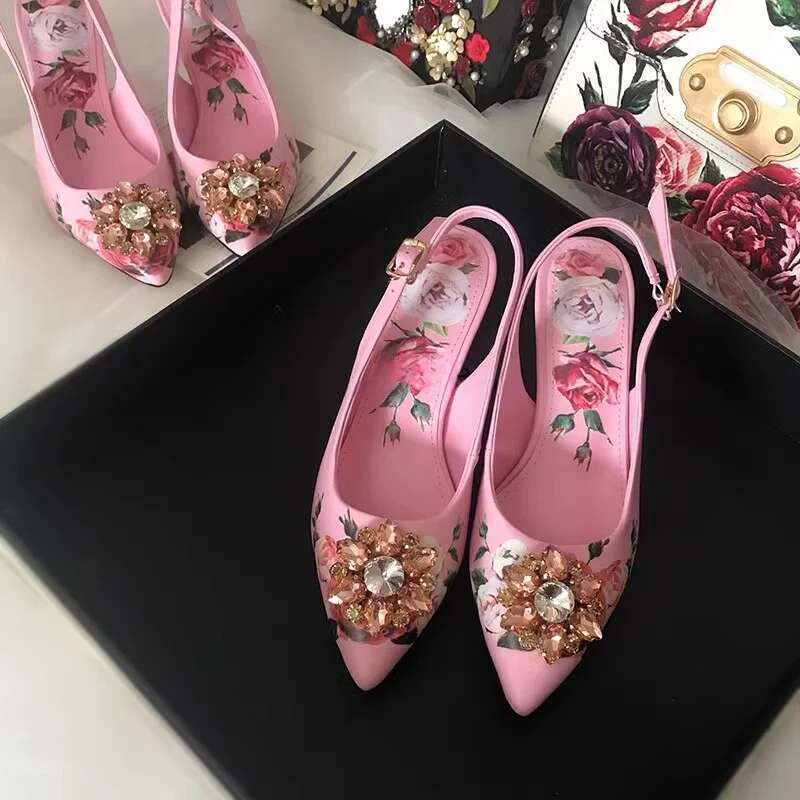 Fashion Slingback High Heels Hollow Pointed Rose Women Sparkling Crystal Sandals Wedding Dress Shoes