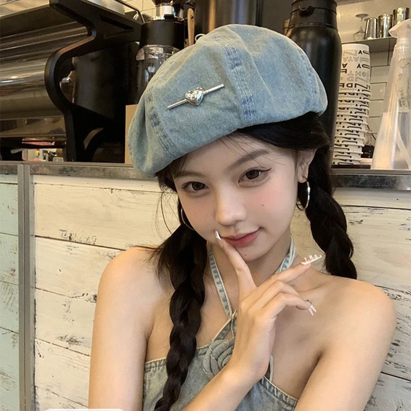 high-quality love denim washed beret childrens edition spring/summer small face show retro painter hat Y2K 250430