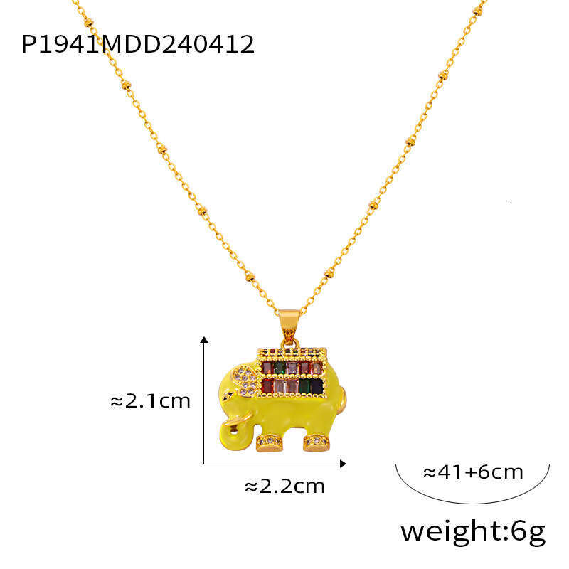 Ins Style Personalized Bead Chain Jewelry With Drip Oil Inlaid Dia Elephant Design, Copper Material Pendant, Titanium Steel Necklace