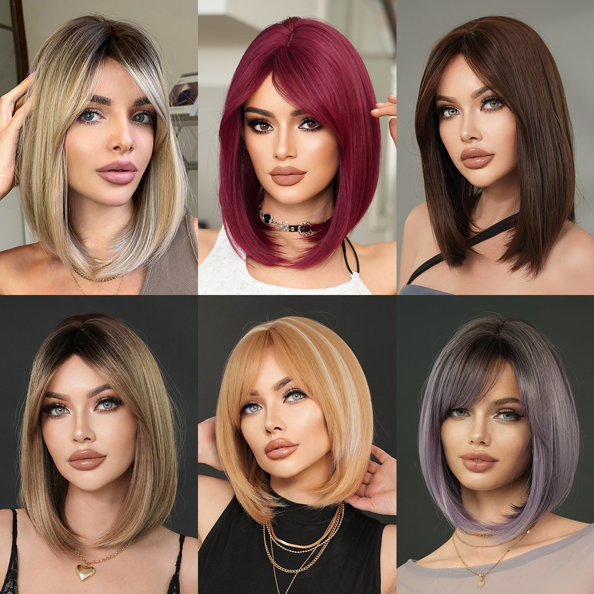 women Wig shoulder length straight hair gradient gold side split eight character bangs natural synthetic full head cover