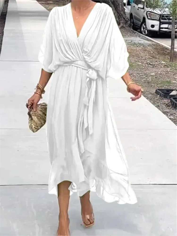 Elegant chiffon solid party dress suitable for women sexy V-neck bat sleeves lace ruffles irregular long dress casual robe W250430