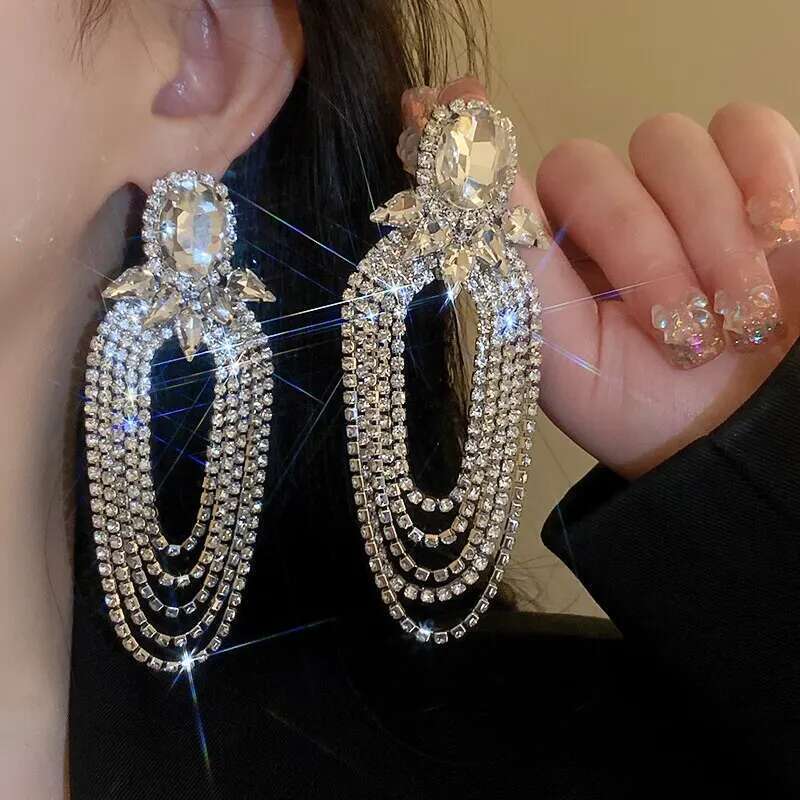 Exaggerated Full Rhinestone Drop Earrings Women Shiny Long Tassel Earings Europe And American Jewelry For Party Wedding