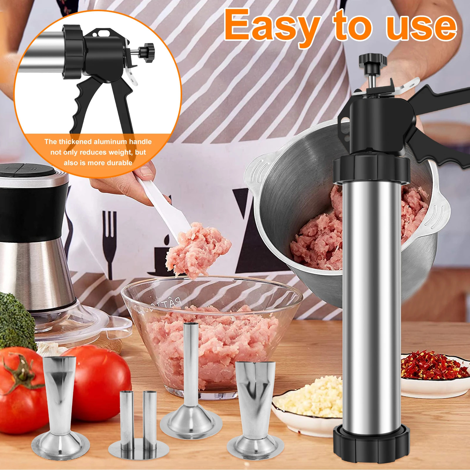 Stainless Steel Sausage Stuffer Kit Manaul Meat Syringe Jerky Gun Kitchen Homemade Canned Sausage Tool with Thickened Handles 250429