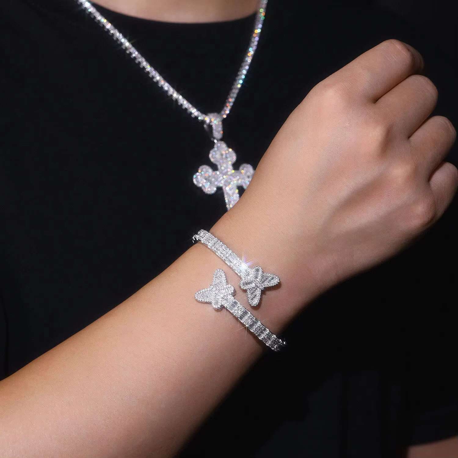 Ready Ship Solid S925 Gold Plated Hip Hop Bracelet Factory Wholesale VVS D Color Moissanite Diamond Butterfly Sterling Silver