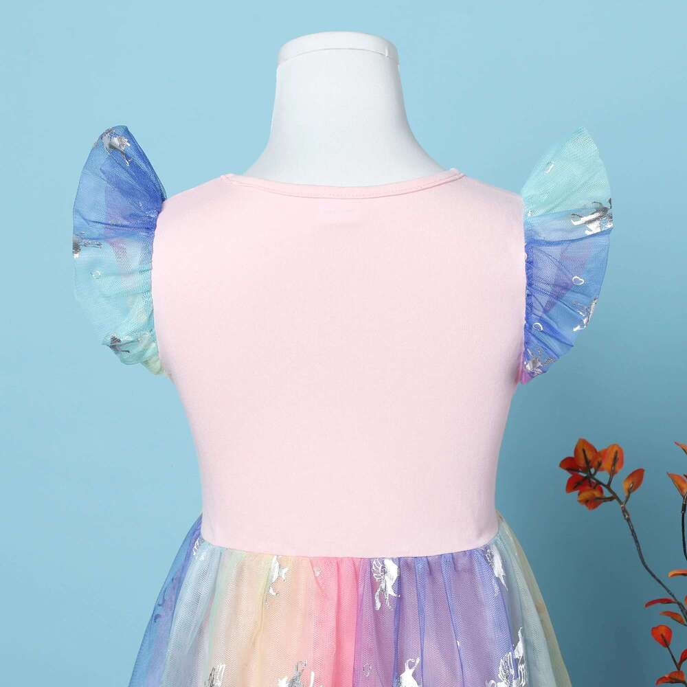 Girl's Summer Cartoon Unicorn Print Rainbow Mesh Splice Princess Birthday Party Sleeveless Dress Sh1791