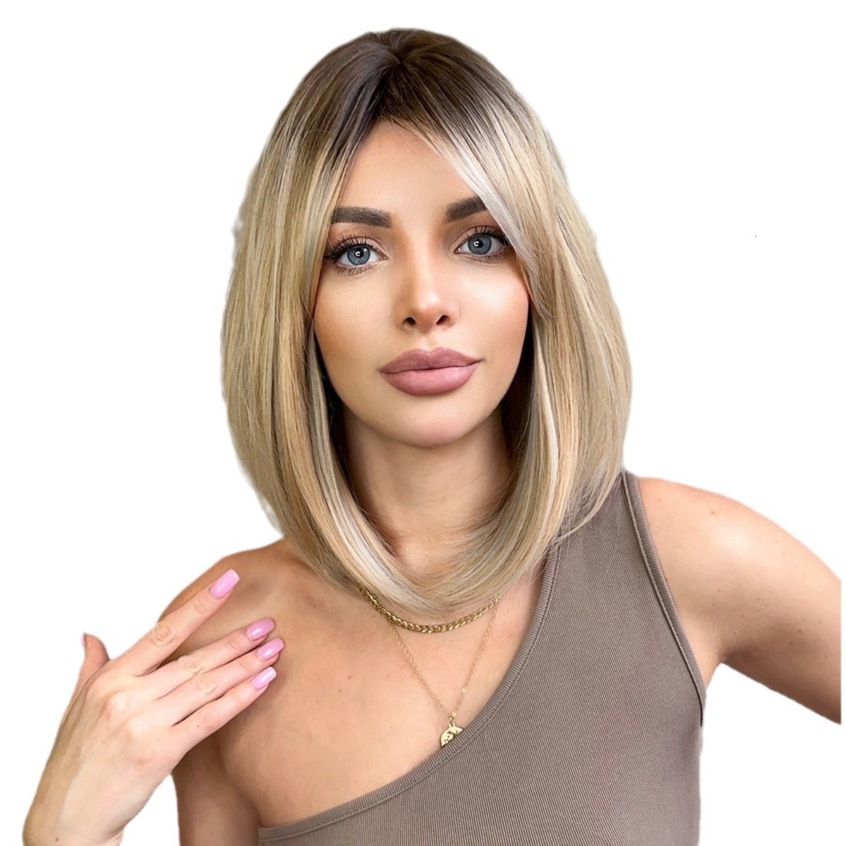 women Wig shoulder length straight hair gradient gold side split eight character bangs natural synthetic full head cover