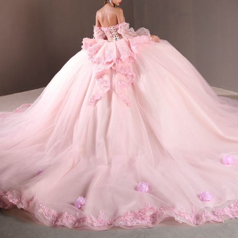 Pink Quinceanera Dresses Off Shoulder Ball Gown Sweet 16 Dress Applique Flower Beads Tull Birthday Party Vestidos 15 Anos