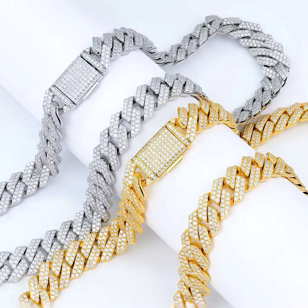 HipHop Iced Out Shiny Diamond 925 Sterling Silver Sharp Angled 14mm Moissanite Cuban Link Chain Hip Hop Jewelry for Men Gift