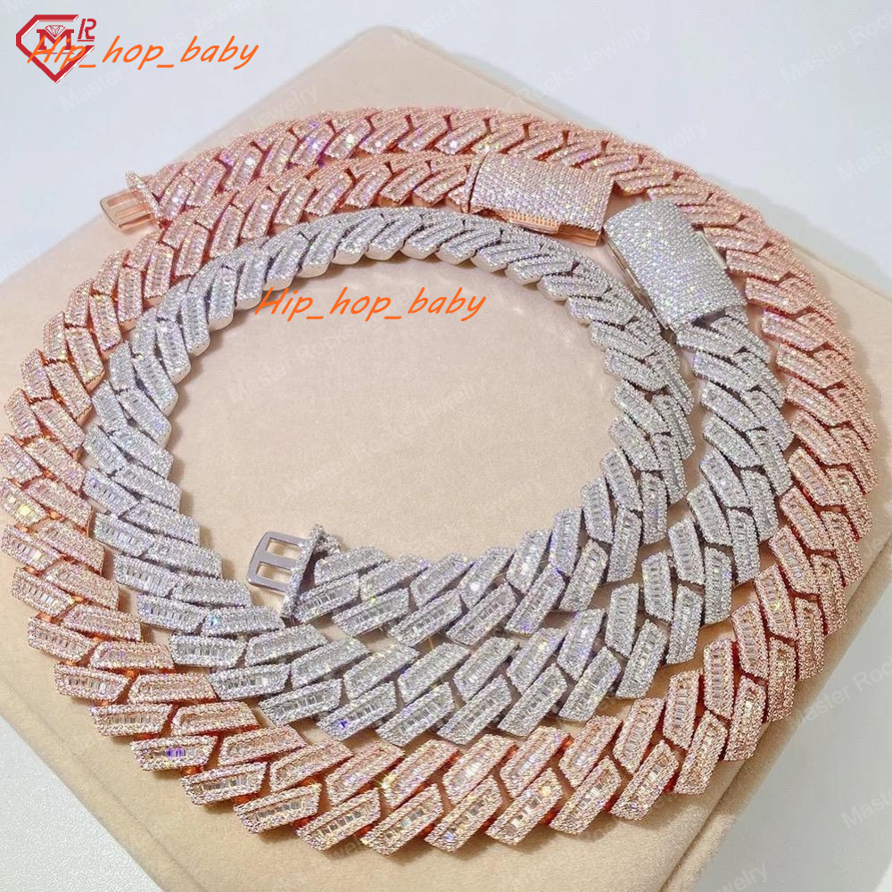 Hiphop Cuban Chain 925 Sterling Silver Rose Gold 18mm Iced Out Miami Baguette Vvs Moissanite Cuban Link Chain