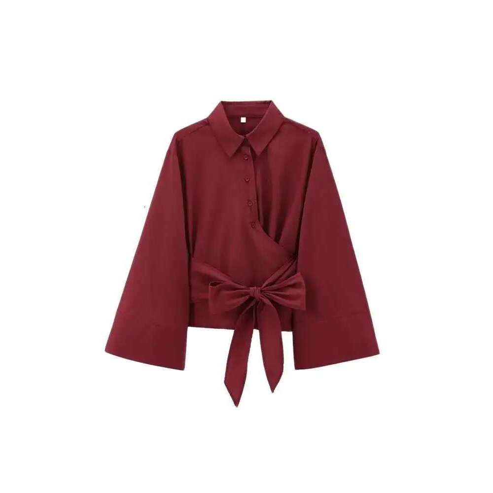 Trza-Women's Long Sleeve Kimono Blouses With Bow Tie, Front Button, Female Shirts, Chic Tops, Fashion