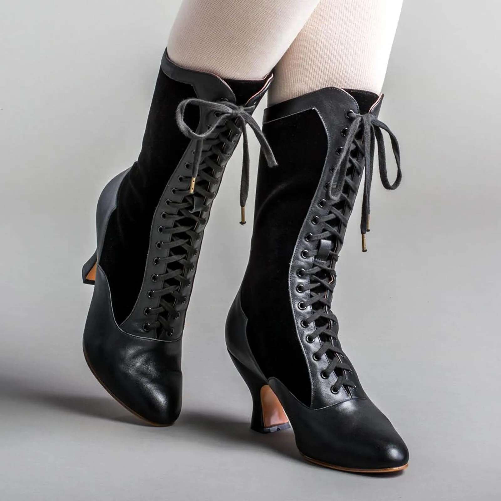 Vintage Block Heel Long Green Lace Up Women's Fashion Cute Cat Motif For Autumn Mid Calf Winter Boots