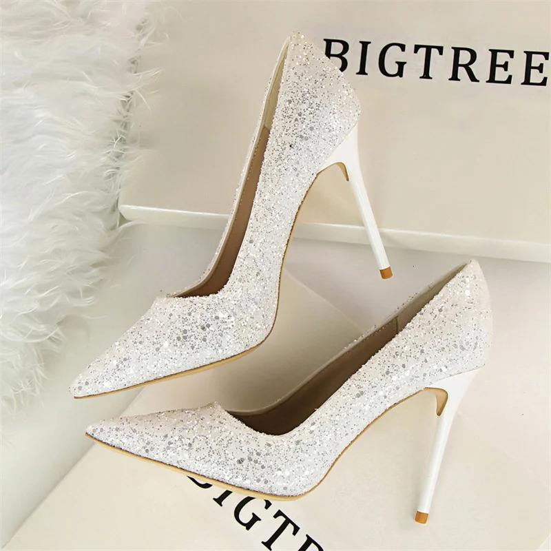 Women 9.5cm High Heels Pumps Wedding Bridal Scarpins Sparkly Mid Heels Lady Party Sequins Glitter Evening Gold Silver Shoes 5 250428
