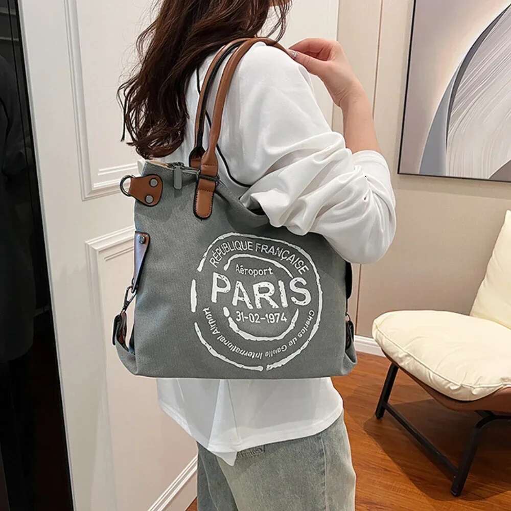 Large Retro Canvas Tote Adjustable Shoulder Strap Vintage Paris Stamp Print Stylish Crossbody Bag For Women Bag
